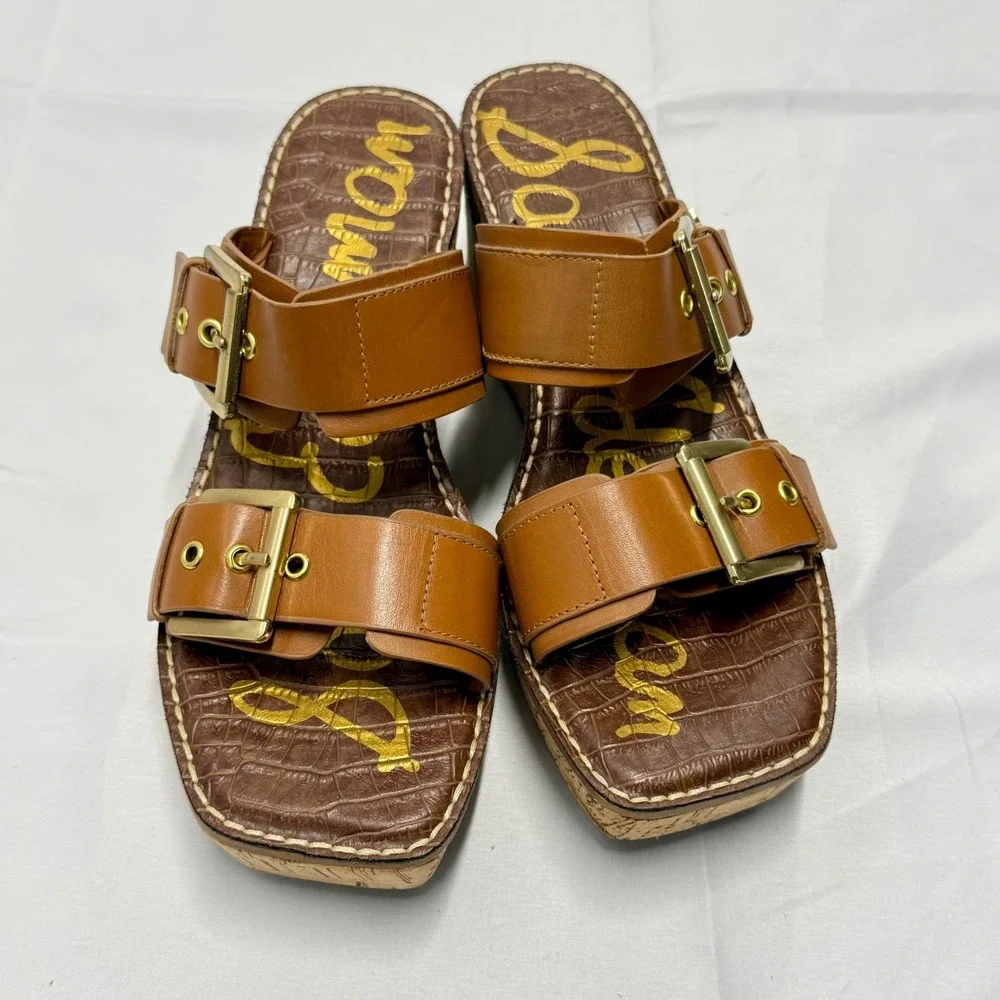 Sam Edelman Anna Leather Cork Wedge Sandals Gold Buckle Platform Square Toe 7.5